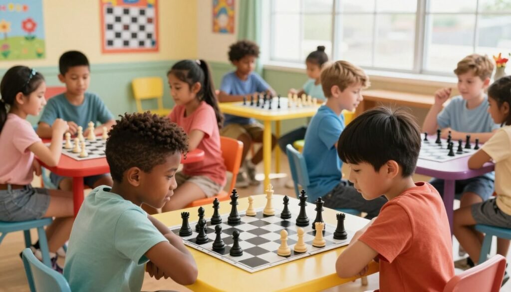 A lively scene depicting diverse children engaged in a spirited chess game, set in a bright, inviting community center. In the foreground, two focused kids—one Black and one Asian—are deeply concentrated on their chessboard, with pieces strategically placed. Surrounding them are several other children, including a Hispanic girl and a Caucasian boy, discussing their strategies enthusiastically, showcasing collaboration. The middle ground reveals colorful tables with additional chess setups and cheerful posters promoting chess engagement. In the background, sunlight streams through large windows, creating a warm atmosphere. The scene captures a sense of camaraderie and joy in learning. The mood is vibrant and optimistic, emphasizing the growth of chess among youth. Include small branding elements like "Chess Lovers USA" subtly integrated into the backdrop.