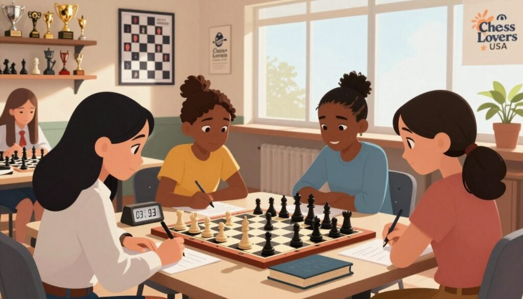 A lively scene of a girls' chess club meeting, featuring a diverse group of four girls focused on a chess game. In the foreground, one girl in business casual attire leans forward, analyzing the board, while another writes notes. In the middle, a large chess board is set up on a table adorned with chess clocks and a few books about chess strategy. The background includes shelves filled with chess trophies and motivational posters highlighting famous female chess players. The room is well-lit with large windows allowing sunlight to stream in, creating a warm and encouraging atmosphere. The mood is one of camaraderie and determination. The logo "Chess Lovers USA" is subtly integrated into the decor.