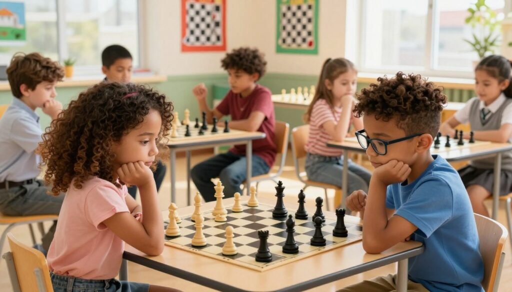A lively scene of young chess players deeply engaged in a game at a bright, cheerful school chess club. In the foreground, two diverse children, a girl with curly hair and a boy with glasses, are thoughtfully pondering their next moves over a chessboard, both dressed in smart casual attire. In the middle ground, other children are quietly observing the game, some taking notes, showcasing their excitement and focus. In the background, colorful educational posters about chess strategies adorn the walls, with sunlight streaming through large windows, creating a warm atmosphere. The overall mood is one of camaraderie and concentration, reflecting the joy and success of learning through chess at Chess Lovers USA. The image captures a slightly elevated angle, allowing a clear view of the chessboard and the players’ expressions.