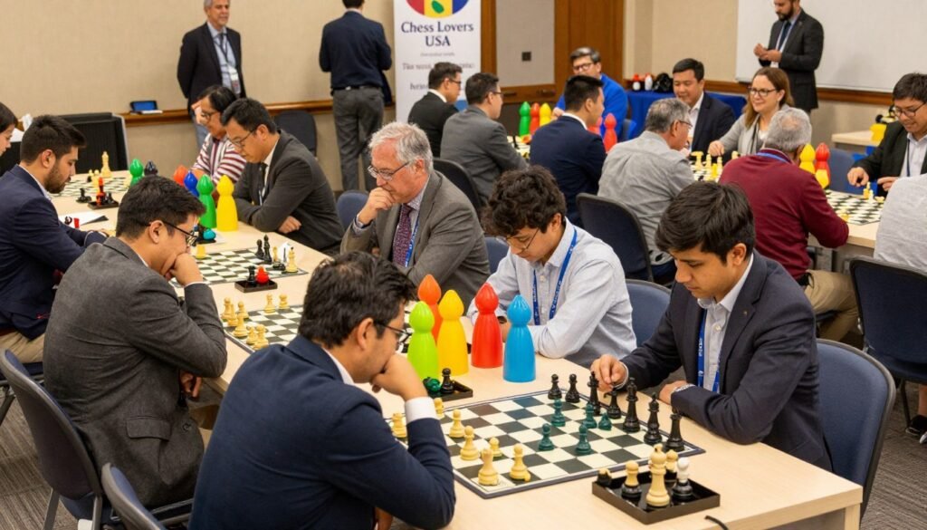 A lively skittles area at a chess tournament, filled with colorful upright skittles and players of various ages engaging in relaxed chess matches. In the foreground, a diverse group of players in professional business attire and modest casual clothing, deeply focused on their games, with chess pieces on portable boards. The middle ground showcases a vibrant display of brightly colored skittles set against large tables where additional chess matches are taking place. In the background, a buzzing atmosphere of spectators is seen, some laughing and others studying the games, with banners reading "Chess Lovers USA". The scene is illuminated by warm, natural lighting, creating an inviting and friendly environment. The angle captures a wide view, emphasizing the vibrancy and community spirit of the tournament.