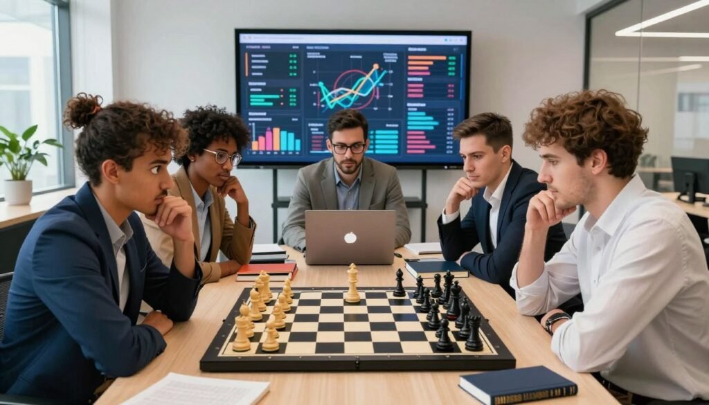 A modern chess analysis scene featuring a diverse group of five professionals engaged in a deep discussion around a large digital chessboard displaying dynamic statistical data and trends. The foreground includes the intense expressions of the players, dressed in smart casual attire, leaning over the board. In the middle ground, a sleek laptop and various chess books are scattered across a polished table, with colorful graphs and trends projected on a screen behind them. The background reveals a stylish office space with large windows, allowing natural light to illuminate the scene, creating an atmosphere of innovation and collaboration. The overall mood conveys a sense of enthusiasm and forward-thinking in the world of chess, reflecting the brand "Chess Lovers USA" subtly in the design elements.