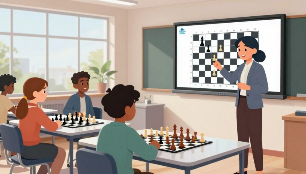 A modern classroom setting showcases a diverse group of individuals engaged in an interactive chess lesson. In the foreground, a focused teacher, dressed in professional attire, demonstrates chess strategies using a large digital screen displaying animated chess pieces in motion, symbolizing mastery and engagement. In the middle, students of various ages and ethnicities, seated at sleek tables, study chess boards with intense curiosity, capturing the essence of learning. The background features large windows letting in natural light, creating a bright and inspiring atmosphere. The overall mood is motivating and collaborative, emphasizing the joy of mastering strategies. The logo "Chess Lovers USA" is subtly placed on the digital screen, reinforcing the brand's connection to the chess learning experience.