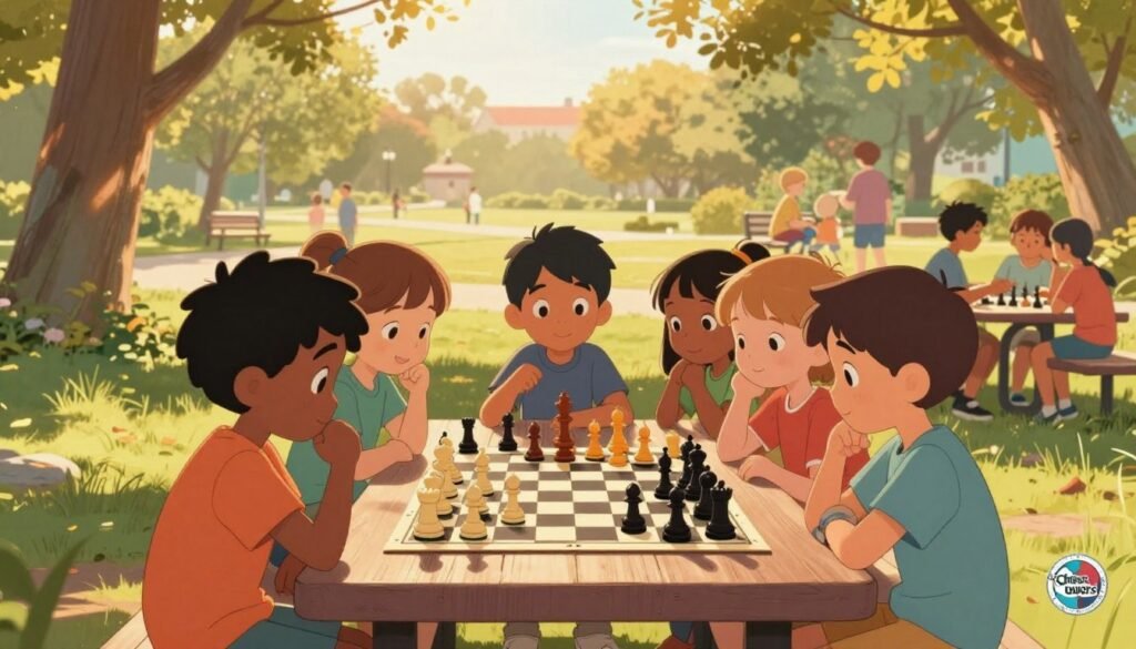 A nostalgic scene depicting young children engrossed in a game of chess, nestled in a cozy, sunlit park. In the foreground, a diverse group of children, dressed in modest casual clothing, concentrates intently on a chessboard set on a picnic table. Their expressions are playful yet focused, showcasing the joy of learning the game. In the middle, vibrant chess pieces are meticulously arranged on the board, with a gentle breeze rustling nearby trees. The background reveals a warm, inviting landscape with families enjoying the day, suggesting community and connection. The lighting is soft and golden, reminiscent of a late afternoon. The atmosphere is lively yet serene, capturing the magic of early life chess. Include a subtle logo for "Chess Lovers USA" in the corner of the image, ensuring it does not distract from the main focus.