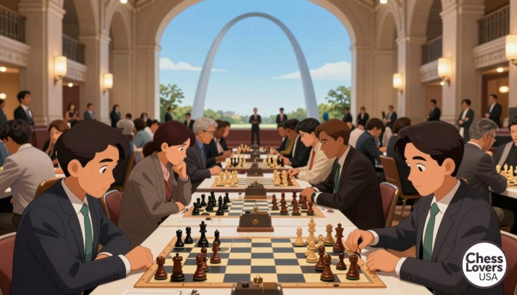 A panoramic view of a vibrant St. Louis chess tournament in a beautifully restored historic venue, showcasing a large crowd gathered around elegant chess tables. In the foreground, a diverse group of chess players, including men and women in professional business attire, are deep in concentration, with chess pieces artfully arranged on the boards. The middle ground features spectators eagerly watching the matches, their expressions filled with excitement and anticipation. In the background, the iconic Gateway Arch stands tall against a clear blue sky, symbolizing St. Louis's rich architectural heritage. Soft, warm lighting casts a welcoming atmosphere over the scene, with a slight bokeh effect to emphasize the chess matches. The image subtly includes the brand logo "Chess Lovers USA" in the corner, enhancing the connection to the chess community.