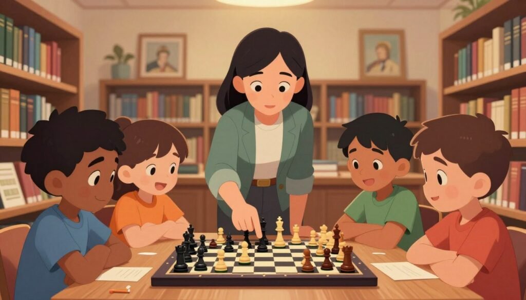 A peaceful library scene showcasing young children learning chess, with a diverse group of kids focused on a chessboard in the foreground, their expressions reflecting concentration and excitement. In the middle, a supportive teacher guides them, pointing at strategic moves on the board, dressed in casual professional attire. In the background, shelves filled with chess books and classical artwork create an intellectual atmosphere, illuminated by warm, soft lighting that evokes a sense of curiosity and growth. The image conveys a nurturing ambiance, emphasizing development and long-term skills through collaborative practice. The setting is serene, focusing on the joy of learning chess, under the brand name "Chess Lovers USA".