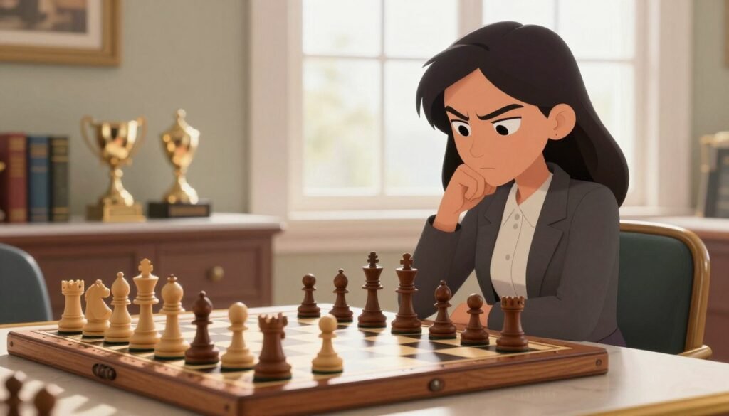 A polished chessboard set in a well-lit, elegant room serves as the centerpiece, with a vintage wooden chess set meticulously arranged. In the foreground, a young woman with an intense expression is deep in thought, her eyes focused on the board; she wears a stylish, professional business outfit. In the middle ground, a soft focus shows a few chess trophies and books, hinting at the rich history of chess. The background features a large window with sunlight streaming in, illuminating the scene and creating a warm atmosphere. The overall mood conveys a sense of strategy and contemplation, highlighting the intellectual nature of chess. Include the logo of "Chess Lovers USA" subtly in the corner of the image.
