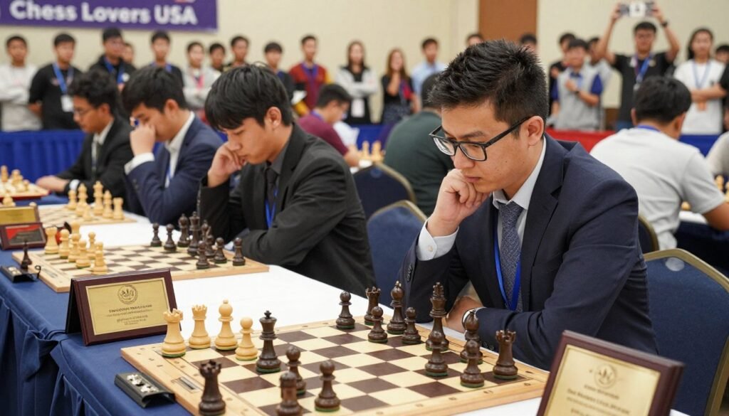 A professional chess coach is analyzing a chessboard filled with pieces in a vibrant tournament setting, showcasing intense concentration. In the foreground, the coach, dressed in smart business attire, leans over the board with a thoughtful expression, surrounded by award plaques and titles symbolizing official chess achievements. In the middle ground, engaged players are absorbed in their matches, emanating a sense of determination and focus. The background features a cheering crowd with banners displaying "Chess Lovers USA," adding an energetic atmosphere to the scene. Soft, warm lighting highlights the individuals and creates a sense of camaraderie. The image captures the dedication and passion of chess players striving to earn official titles and norms, evoking a mood of inspiration and ambition.