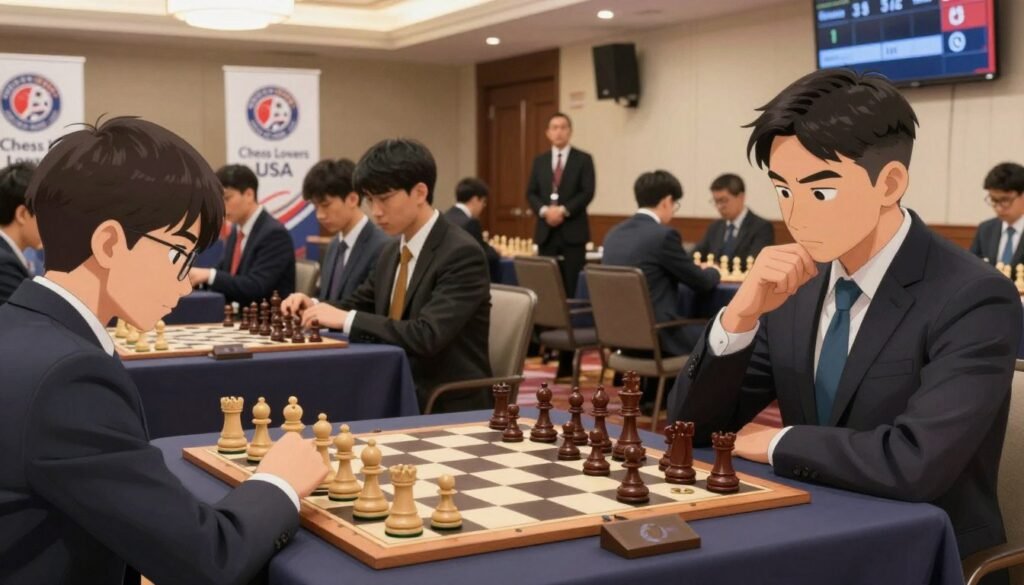 A professional chess tournament scene featuring a neatly arranged chess board, with elegant pieces in the foreground, symbolizing the rules of the game. In the middle ground, a group of focused players in business attire, intently studying their chess strategies, and a tournament director observing the matches. The background shows a well-lit tournament hall with banners displaying the "Chess Lovers USA" logo, and a scoreboard indicating player ratings. The overall atmosphere conveys excitement and concentration, with warm lighting giving a sense of community and sportsmanship. The composition is shot from a slight angle to capture the depth of the event, emphasizing the blend of competition and camaraderie.