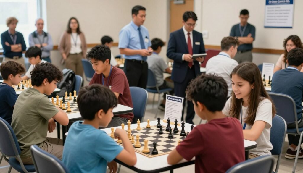 A professional chess tournament setting illustrating safety and conduct for players. In the foreground, a diverse group of participants, including children and adults, are seated at chess tables, dressed in comfortable yet modest clothing. They are focused on their games, showcasing good sportsmanship with friendly expressions. In the middle ground, referees in business attire oversee the matches, ensuring compliance and safety, while visible safety signage and rules posters are arranged neatly around the playing area. In the background, an audience of parents and mentors attentively observes the tournament, creating a supportive atmosphere. The lighting is bright and inviting, simulating natural daylight, with a soft depth of field that enhances focus on the players. The overall mood is one of encouragement, discipline, and community, embodying the spirit of "Chess Lovers USA."