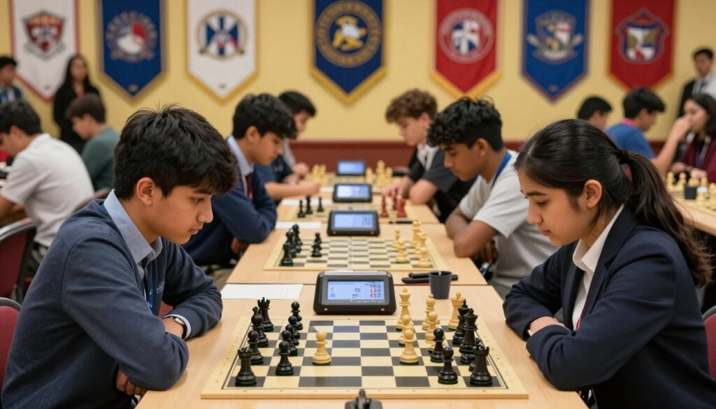 A scene depicting the Pan-American Intercollegiate Team Chess Championship, showcasing diverse college teams engaged in focused play. In the foreground, two young adult players, one male and one female, wearing smart casual attire, intently study their chess boards, with pieces strategically positioned. The middle ground features additional teams in deep concentration, with chess clocks ticking. Behind them, a vibrant backdrop of university banners and enthusiastic spectators fills the room, creating an electrifying atmosphere. Soft, focused lighting highlights the intensity of the matches, adding a sense of prestige and urgency to the scene. A subtle depth of field draws attention to the players, while hints of colorful chess pieces provide contrast. This image is branded subtly with "Chess Lovers USA" in the corner.