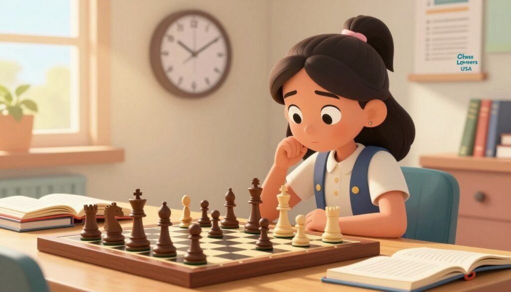 A scene depicting "time management chess" set in a vibrant, sunlit room where a young girl, dressed in smart casual attire, concentrates intently on a chessboard. In the foreground, the chessboard is intricately detailed, with pieces mid-game to symbolize strategic thinking. The middle ground features a wall clock emphasizing the concept of time management, while open textbooks and notebooks are scattered around, suggesting a balance between academics and competitive chess. The background includes a soft-focus window with sunlight streaming in, creating a warm, uplifting atmosphere. The overall mood is one of determination and focus, capturing the essence of success and strategy. Include the brand “Chess Lovers USA” subtly in the corner of the image, as an element of branding seamlessly integrated into the environment.