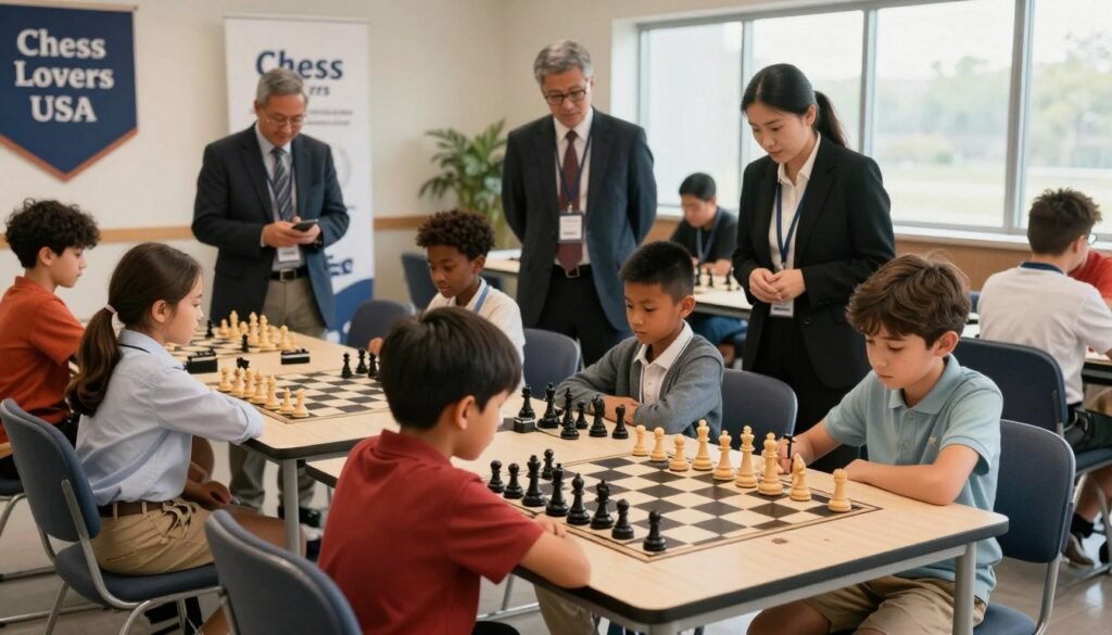 A serene and focused chess tournament scene showcasing the rules and etiquette of competitive play. In the foreground, a diverse group of children of different ethnicities, wearing smart casual clothing, are seated at chess tables, deeply engaged in gameplay, with chess pieces meticulously arranged. In the middle ground, adult coaches and parents, dressed in professional business attire, observe and provide encouragement, displaying a supportive atmosphere. In the background, banners reading “Chess Lovers USA” hang on the walls, adding a touch of prestige. The setting is well-lit with soft, natural light coming from large windows, casting gentle shadows that create an inviting mood. Capture this moment from a slight overhead angle to encompass both the players and the welcoming environment. A serene and focused chess tournament scene showcasing the rules and etiquette of competitive play. In the foreground, a diverse group of children of different ethnicities, wearing smart casual clothing, are seated at chess tables, deeply engaged in gameplay, with chess pieces meticulously arranged. In the middle ground, adult coaches and parents, dressed in professional business attire, observe and provide encouragement, displaying a supportive atmosphere. In the background, banners reading “Chess Lovers USA” hang on the walls, adding a touch of prestige. The setting is well-lit with soft, natural light coming from large windows, casting gentle shadows that create an inviting mood. Capture this moment from a slight overhead angle to encompass both the players and the welcoming environment.