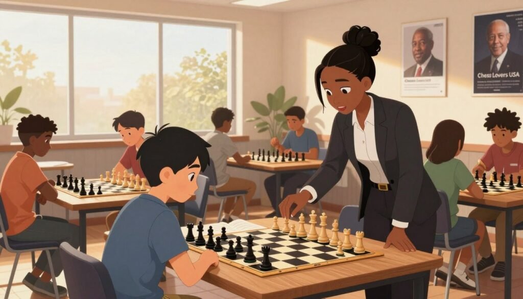 A serene chess studio showcasing a diverse group of young chess players deeply engaged in a training session. In the foreground, an inspired Black female coach, dressed in professional business attire, guides a focused Asian male student who sits at a chessboard, studying an open book about strategic gameplay. In the middle, several other players of different ethnicities discuss tactics, with chess pieces scattered across stylish wooden tables. In the background, large windows let in soft, golden morning light, illuminating motivational posters of famous American Grandmasters adorning the walls. The atmosphere is one of intense focus, collaboration, and growth, capturing the essence of building a sustainable chess career. Subtle branding of "Chess Lovers USA" is visible in the décor, reinforcing the community aspect of the chess culture.