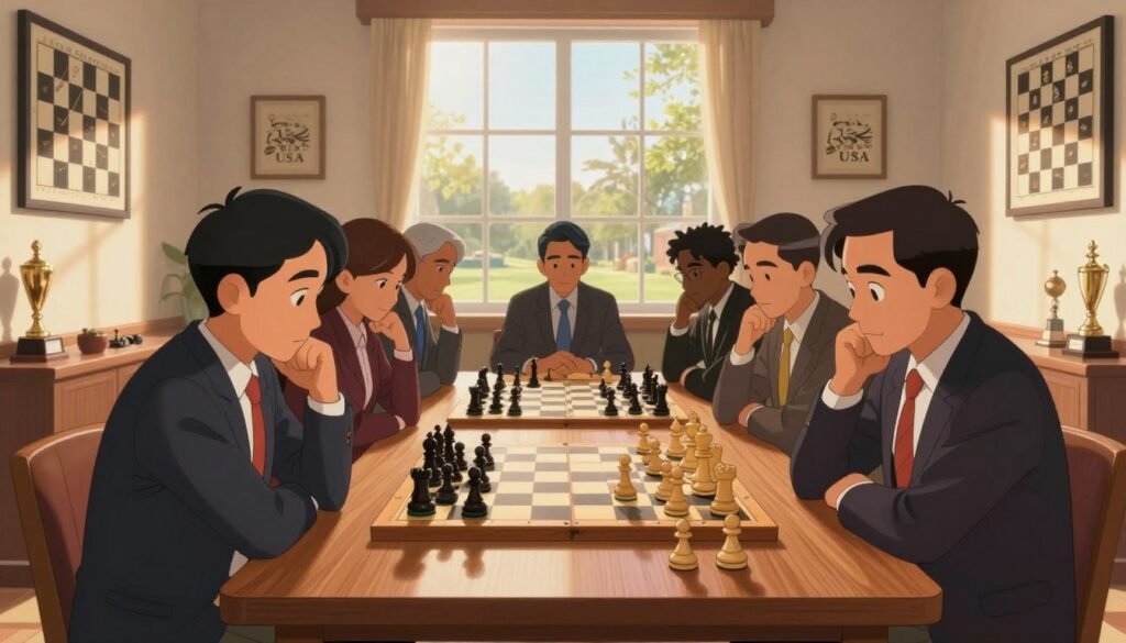A serene chess study room with a large wooden table at the forefront, where a diverse group of focused individuals in professional attire is intently observing a chessboard. The chess pieces are arranged to depict a complex positional strategy, illustrating the depth of thought involved in the game. In the middle ground, a large window reveals a beautiful outdoor scene with soft sunlight filtering through, enhancing the atmosphere of contemplation. On the walls, various chess-related artwork and trophies are displayed, hinting at the achievements of American Grandmasters. The lighting is warm and inviting, casting gentle shadows that create a cozy mood. The overall scene conveys a sense of intellectual engagement and passion for chess, branded subtly with "Chess Lovers USA" in the environment, emphasizing the importance of positional understanding in the game.