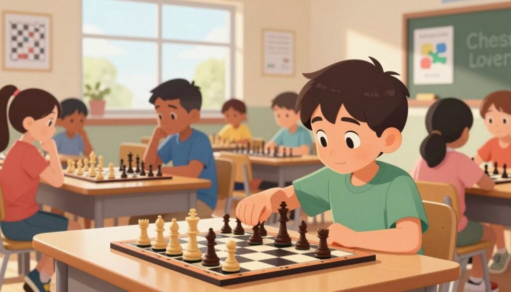 A serene classroom setting highlighting the cognitive benefits of learning chess. In the foreground, a focused young boy in modest casual clothing intensely studies a chessboard, his hands gently poised over the pieces. In the middle, a diverse group of kids, also in casual attire, are engaged in friendly matches, showcasing concentration and strategic thought. The background captures a bright, sunny window with soft, natural lighting illuminating the scene, creating an inviting atmosphere. On the walls, educational chess diagrams and diagrams representing memory retention techniques are subtly visible. A portion of the image includes a banner reading "Chess Lovers USA" in a friendly font, blending harmoniously with the setting. The overall mood is one of excitement and intellectual engagement, highlighting the fun and educational aspects of chess. A serene classroom setting highlighting the cognitive benefits of learning chess. In the foreground, a focused young boy in modest casual clothing intensely studies a chessboard, his hands gently poised over the pieces. In the middle, a diverse group of kids, also in casual attire, are engaged in friendly matches, showcasing concentration and strategic thought. The background captures a bright, sunny window with soft, natural lighting illuminating the scene, creating an inviting atmosphere. On the walls, educational chess diagrams and diagrams representing memory retention techniques are subtly visible. A portion of the image includes a banner reading "Chess Lovers USA" in a friendly font, blending harmoniously with the setting. The overall mood is one of excitement and intellectual engagement, highlighting the fun and educational aspects of chess.