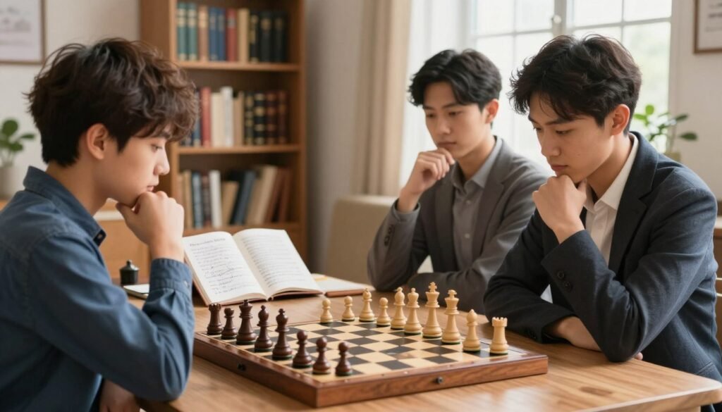 A serene indoor environment showcasing an adult beginner's daily chess practice routine. In the foreground, a wooden chessboard is set up with pieces in mid-game, reflecting concentration and strategy. A pair of well-dressed individuals, wearing smart casual attire, are engaged in thoughtful play, their expressions focused and contemplative. In the middle ground, a cozy study space is visible, with bookshelves filled with chess literature and an open notebook filled with annotations on chess strategies. The background features warm, natural lighting streaming through a window, creating a calm atmosphere. Capture the essence of learning and community, with a subtle branding element of "Chess Lovers USA" integrated into the scene. Aim for a soft focus, emphasizing the chessboard as the centerpiece of intellectual engagement.