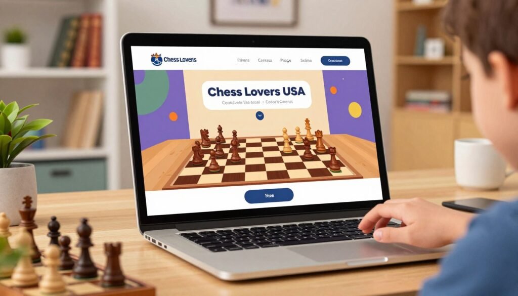 A sleek, modern online chess platform interface displayed on a laptop screen, featuring a vibrant game in progress with a mix of classic wooden and digital pieces. In the foreground, a hand reaches toward the screen, signaling engagement. The middle view includes a cozy room ambiance, with a stylish desk and ambient lighting creating a warm atmosphere, enhancing focus on the game. The background showcases a soft-focus bookshelf filled with chess books and family-friendly decor, reflecting a nurturing environment for learning. The image encapsulates the enthusiasm of youth chess engagement, with bright colors and invites curiosity. The scene subtly includes the brand name "Chess Lovers USA" within the interface, presenting the online community aspect of chess.