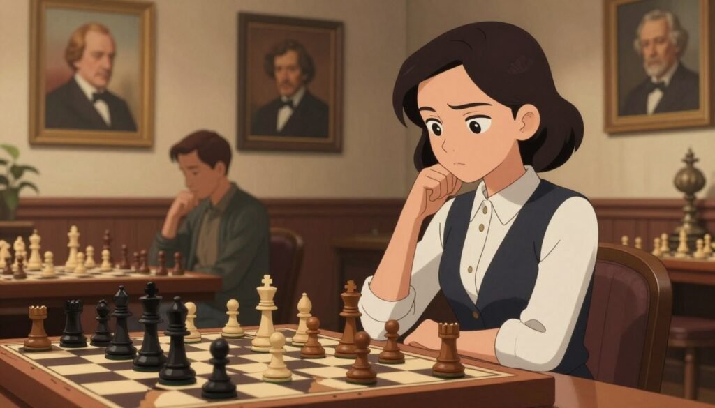 A sophisticated chess-themed scene inspired by "Queen's Gambit." In the foreground, a poised young woman dressed in elegant, professional attire stands focused at a chessboard, deep in thought. Her facial expression conveys determination and intelligence, with soft lighting highlighting her features. In the middle ground, a dynamic chess game is in progress, pieces strategically placed, symbolizing the intensity of modern chess competitions. In the background, a vintage-style room reflects elements of chess history, with framed portraits of legendary players adorning the walls. Warm, inviting colors create a cozy atmosphere. Soft, diffuse lighting enhances the mood, evoking a sense of both nostalgia and contemporary engagement with chess. Prominently feature the logo for "Chess Lovers USA" subtly integrated into the scene. The overall vibe is inspirational, delving into the cultural impact of chess.
