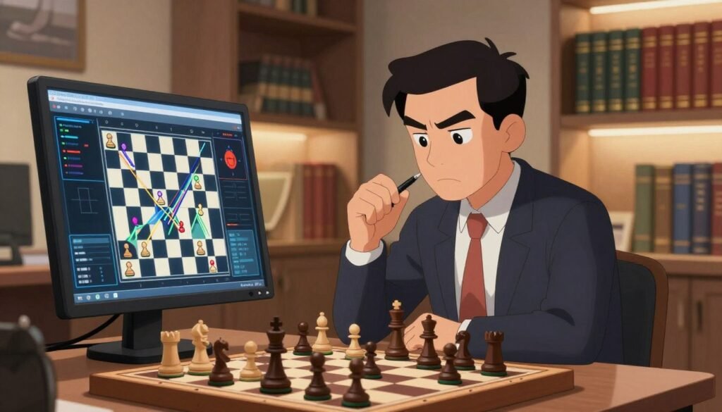 A sophisticated image of a chess engine analysis in a modern tech environment. In the foreground, a high-tech computer screen displays intricate chess moves and graphical representations with dynamic, colorful lines illustrating potential strategies. In the middle, a focused grandmaster in professional attire studies the screen intently, pen in hand, surrounded by chess pieces on a table. In the background, shelves are lined with books on chess strategy and history, softly illuminated by warm lighting, creating an inviting atmosphere. The overall mood is one of concentration and innovation, reflecting the blend of tradition and modernity in chess. The brand "Chess Lovers USA" is subtly incorporated into the scene, suggesting a community dedicated to chess education and inspiration.