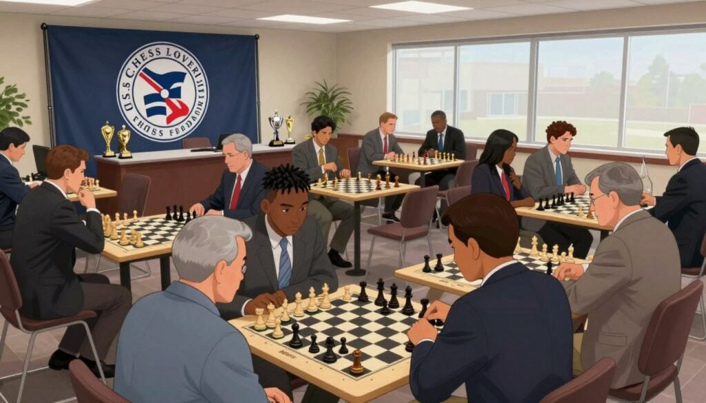 A spacious, well-lit room filled with chessboards and pieces, showcasing the U.S. Chess Federation's emblem prominently on a stylish backdrop. In the foreground, a diverse group of adults in business attire is engaged in a passionate chess match, displaying intense focus and strategy. The middle ground features tables with trophies representing various chess competitions, surrounded by spectators who are discussing tactics. In the background, large windows allow natural light to pour in, creating an inviting and professional atmosphere. The mood is energetic and collaborative, illustrating the growing interest and community spirit surrounding chess in the United States. The brand name "Chess Lovers USA" is subtly integrated into the design elements of the room, enhancing the theme of chess’s revival.