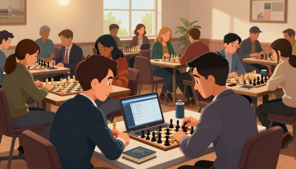 A split scene depicting the balance between online chess play and traditional tournaments, centered around a cozy room filled with warm, ambient lighting. In the foreground, a focused adult male beginner in professional attire, seated at a sleek desk with a laptop, intently analyzing online chess games, surrounded by chess pieces and books. The middle section features a vibrant chess tournament setting, showcasing a diverse group of players, including women and men of varying ages, engaged in intense matches at wooden tables, with a backdrop of spectators watching eagerly. The background reveals a large window letting in natural light, creating a harmonious atmosphere that conveys excitement and concentration. The brand "Chess Lovers USA" subtly integrated into the scene.