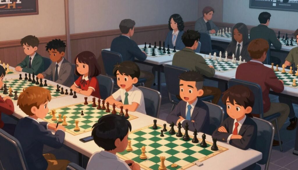 A split-scene illustration capturing the key differences in tournament culture between scholastic and adult USCF chess. In the foreground, a lively scholastic tournament setting, showcasing a diverse group of children in professional business attire sitting at colorful chessboards, their expressions focused and excited. The background features an adult tournament scene, with players in modest casual clothing seated at more serious, monochrome chessboards, exhibiting calm and concentration. Soft, warm lighting illuminates the children’s area, creating a vibrant and cheerful atmosphere, while cooler, more subdued lighting casts a serious tone over the adult section. Use a wide-angle lens to emphasize the contrast between the two settings, reflecting different chess cultures. Include the brand name "Chess Lovers USA" subtly integrated into the scene.