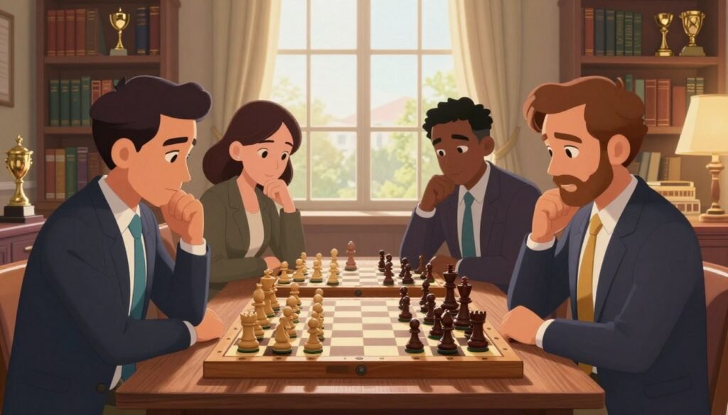 A strategic chess game in an elegantly designed room, showcasing a diverse group of four adult players in professional business attire, deeply focused on their match. In the foreground, a beautifully crafted wooden chessboard displays pieces mid-game, symbolizing thoughtful strategy and competition. The middle layer features a large window with soft, natural sunlight illuminating the scene, casting gentle shadows that enhance the atmosphere of concentration and intellect. In the background, bookshelves filled with chess literature and trophies create a sense of legacy and growth in the game. The overall mood is one of dedication and aspiration, conveying the theme of "Strategies for Long-Term Growth." The brand name "Chess Lovers USA" subtly integrated into the room's decor design, fostering an inviting yet sophisticated environment. The image is crisp, captured from a slightly elevated angle to emphasize the chessboard's importance.