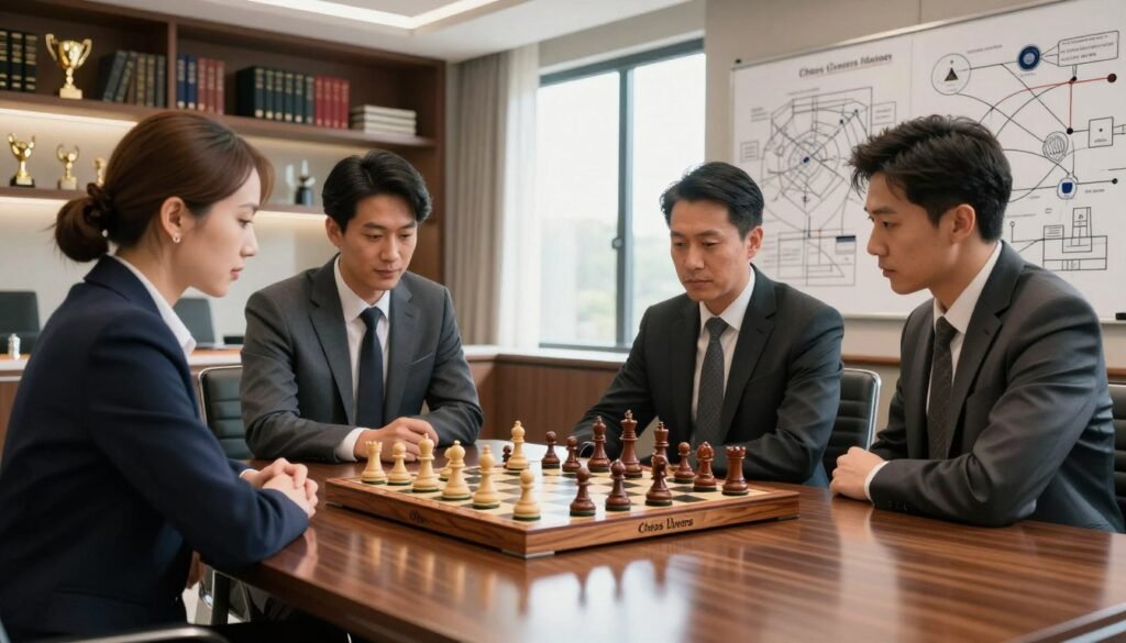 A strategic thinking board set in a modern, elegant conference room. In the foreground, a large, glossy wooden table is adorned with a high-quality chess board, intricately carved pieces reflecting light. A group of three professionals—two men and one woman—dressed in business attire, engage in deep discussion, focused on the chessboard. The middle ground features a large window with sunlight streaming in, illuminating a wall filled with strategic diagrams and charts. In the background, shelves lined with business books and chess trophies symbolize the fusion of chess and business acumen. The scene conveys a mood of concentration and innovation, emphasizing the connection between strategic thinking in chess and in the business world. The branding “Chess Lovers USA” subtly appears on the chess board, enhancing the theme without distraction.