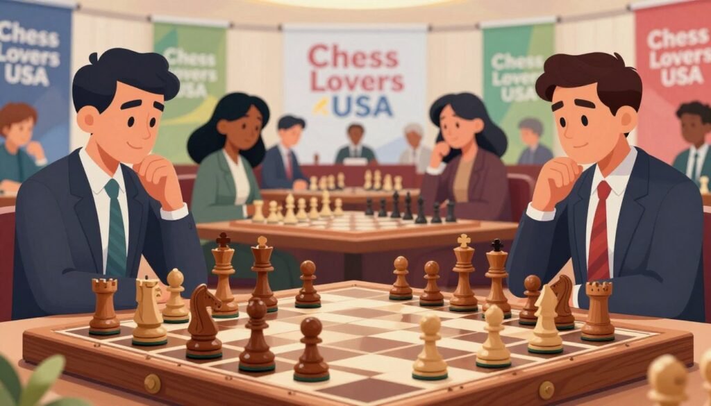 A stylized illustration depicting essential rules for chess players, featuring an elegant chessboard in the foreground with intricately carved wooden pieces positioned in mid-game. Surrounding the board, visually engaging icons symbolize key rules such as turn-taking, etiquette, and sportsmanship. The middle ground shows a diverse group of players, two men and two women, dressed in professional business attire, observing the game with focus and enthusiasm. The background features a softly blurred chess tournament setting with vibrant banners of "Chess Lovers USA" elegantly draped. The lighting is bright and inviting, casting soft shadows, evoking a sense of camaraderie and competition. The atmosphere is one of strategic focus and vibrant energy, perfect for illustrating core principles of chess play.