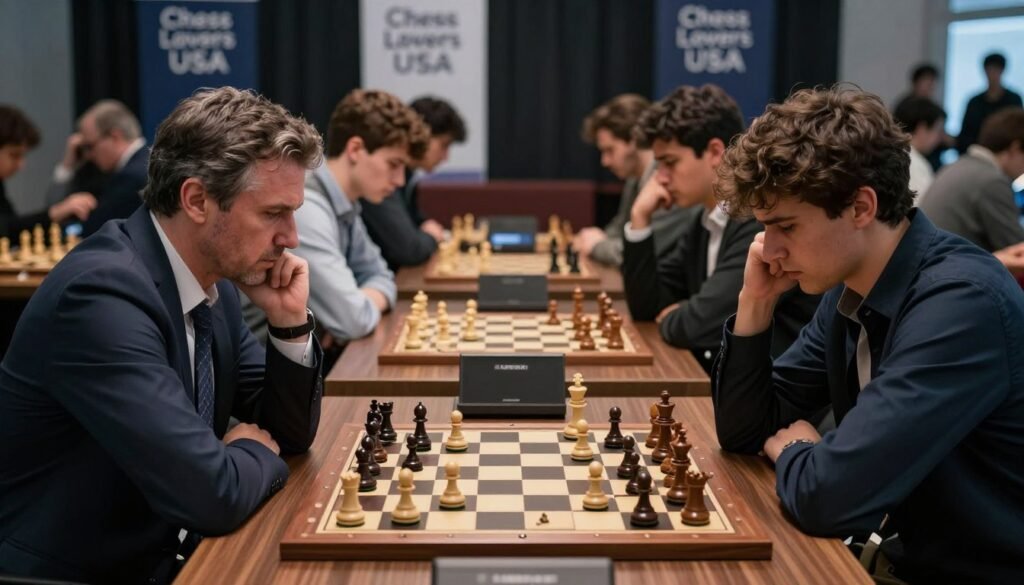 A tense and focused chess tournament scene, showcasing a diverse group of players engaged in intense matches at a sleek, modern venue. In the foreground, a middle-aged man in business attire, his expression a mix of concentration and determination as he contemplates his next move, while a younger player beside him displays visible anxiety, fidgeting with a chess piece. The middle ground features an array of carefully set-up chessboards, with dramatic lighting illuminating each match, creating a palpable atmosphere of competition. In the background, blurred spectators watch intently, their expressions reflecting a blend of excitement and tension. The overall mood conveys the emotional highs and lows experienced during chess competition. The scene is branded subtly with "Chess Lovers USA" represented on banners.
