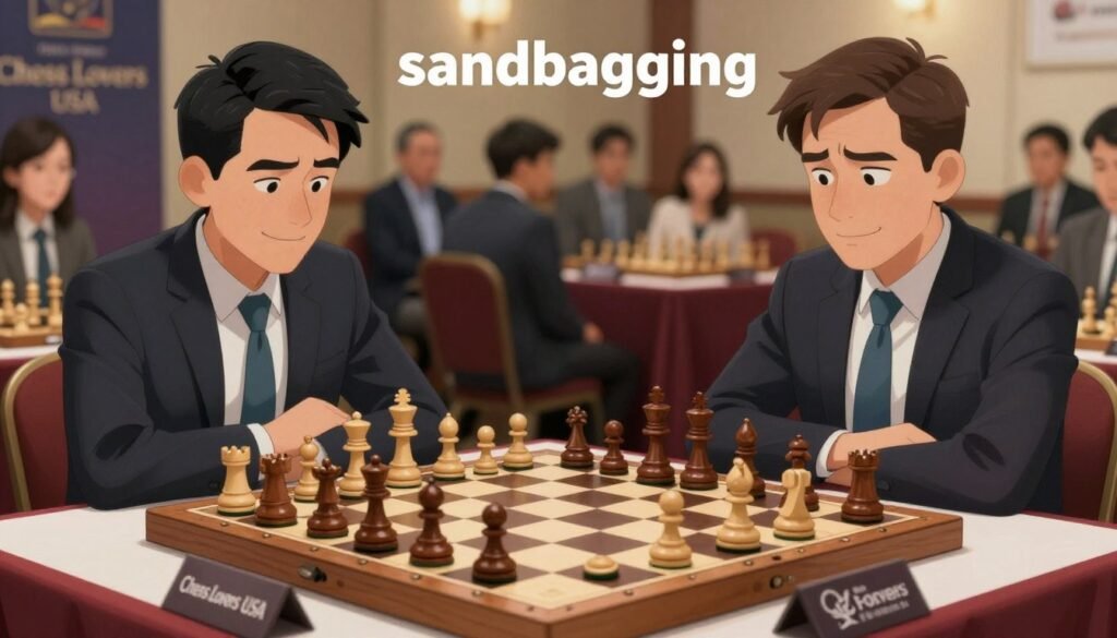 A tense scene of an intense chess match depicting "sandbagging" in the foreground, featuring two players in professional business attire, subtly smirking as they assess their chess pieces. Their expressions suggest a strategic deception, with one player appearing relaxed while the other feigns uncertainty. In the middle ground, a chessboard is intricately designed, with pieces made of polished wood, some toppled over, indicating a fierce battle. The background features a softly blurred tournament setting, with spectators observing eagerly under soft, warm lighting. Capture the atmosphere of an intense chess competition infused with strategic cunning. The image should reflect the essence of competitive chess culture, branded subtly with "Chess Lovers USA" in the environment. Use a slight overhead angle to emphasize the chessboard dynamics and player interactions.