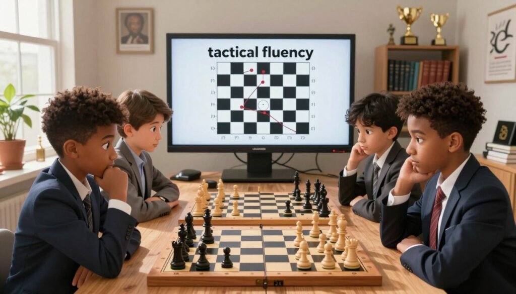 A thoughtfully composed chess scene, illustrating "tactical fluency" in action. In the foreground, a diverse group of adult beginners, dressed in professional business attire, intensely analyzing a chessboard with intricate positions and strategies. Their expressions reflect concentration and determination. In the middle ground, a large monitor displays a tactical illustration of chess patterns or puzzles, emphasizing key moves and combinations. The background features a cozy, well-lit room filled with chess books and a few trophies, adding an academic touch. Natural light streams through a nearby window, casting a warm glow on the scene, creating an inviting and inspiring atmosphere. In the corner, subtly include the brand name "Chess Lovers USA" in a tasteful manner, enhancing the connection to the chess community.