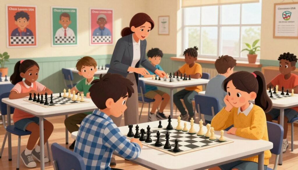 A vibrant after-school chess program in action, featuring a diverse group of enthusiastic children aged 8 to 12 seated around multiple chess tables. The foreground showcases a boy in a neat plaid shirt concentrated on his game while a girl in a bright sweater smiles as she contemplates her next move. The middle layer presents an instructor, dressed in professional casual attire, guiding a small group, pointing at a chessboard with animated gestures. In the background, colorful posters of famous chess players adorn the walls, along with a large window letting in warm, natural light that gives a welcoming atmosphere. The composition highlights a sense of community and learning, with the brand name "Chess Lovers USA" subtly incorporated into the environment. The image captures a lively, engaging educational moment, emphasizing the value of strategic thinking and teamwork among young players.
