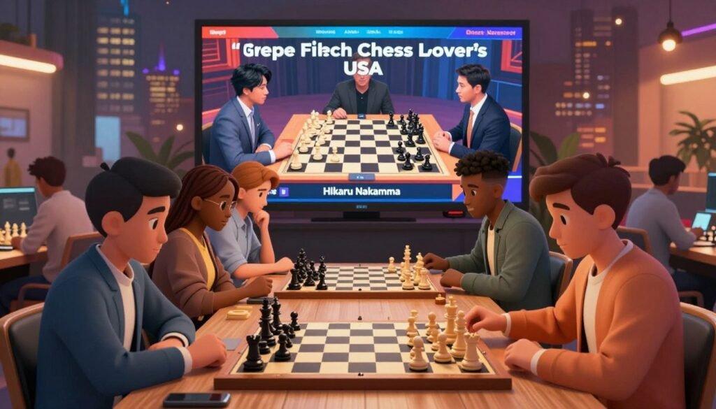 A vibrant and dynamic depiction of a chess streaming environment symbolizing the growth of chess popularity globally. In the foreground, a diverse group of individuals, dressed in smart casual attire, are engaged in an exciting online chess stream, showing their focused expressions as they interact with the digital board on their devices. In the middle, a large screen showcases a live chess match with an engaging commentator, featuring an inspiring quote about chess from Hikaru Nakamura. The background features a lively cityscape, illuminated by warm lights, suggesting a bustling atmosphere. The image is lit with soft, ambient lighting to create an inviting mood, enhancing the sense of community among players. Capture this moment for "Chess Lovers USA," celebrating the role of streaming in the chess renaissance.
