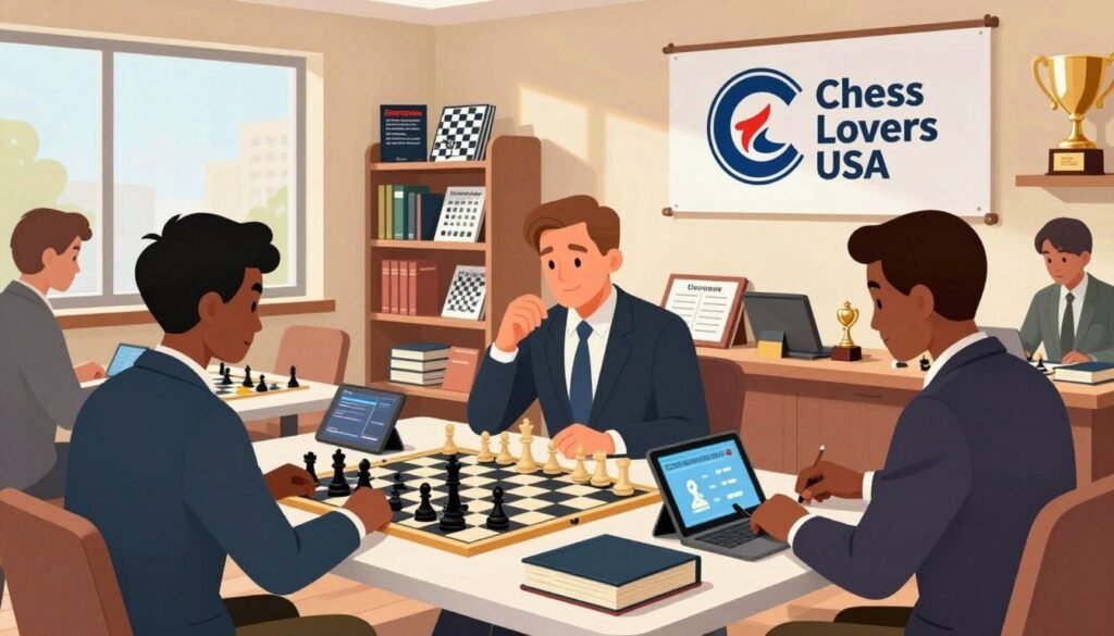 A vibrant and dynamic illustration showcasing a professional chess organization setting, emphasizing educational resources for chess enthusiasts. In the foreground, a diverse group of three individuals, dressed in professional business attire, engage in friendly chess matches at a sleek table filled with chess books and digital tablets displaying chess software. In the middle ground, shelves lined with educational materials, including chess training manuals, charts, and trophies that symbolize achievements in the chess community. The background features a large banner displaying the logo of "Chess Lovers USA," symbolizing the organization's role in promoting chess education. The scene is well-lit with warm natural light pouring in through large windows, creating an inviting and inspiring atmosphere, hinting at a bright future for chess.