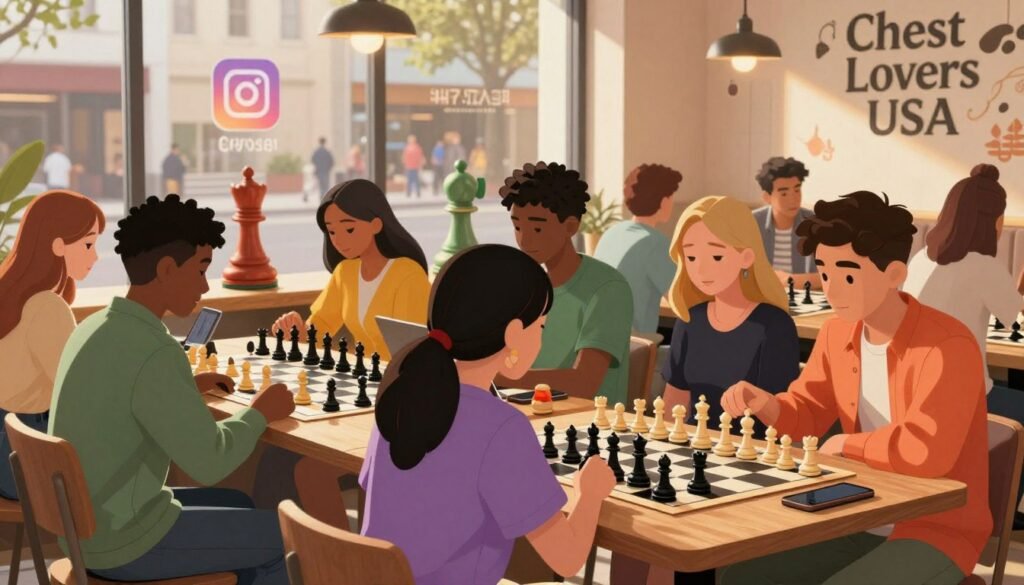 A vibrant and dynamic scene depicting a modern resurgence of chess, set in a lively urban café filled with young adults engaged in intense games. In the foreground, a diverse group of Gen Z players, male and female, are dressed in colorful, stylish casual attire, focused on their chessboards, with laptops and smartphones beside them. The middle ground showcases an array of decorative chess pieces in contemporary designs, hinting at both tradition and innovation. In the background, large windows reveal a bustling street scene, with social media hashtags related to chess projected onto the glass. Soft, warm lighting creates an inviting atmosphere, as if capturing a golden hour glow. The composition highlights the excitement and camaraderie surrounding chess in the digital age, with branding subtly integrated as "Chess Lovers USA" on a decorative wall. A vibrant and dynamic scene depicting a modern resurgence of chess, set in a lively urban café filled with young adults engaged in intense games. In the foreground, a diverse group of Gen Z players, male and female, are dressed in colorful, stylish casual attire, focused on their chessboards, with laptops and smartphones beside them. The middle ground showcases an array of decorative chess pieces in contemporary designs, hinting at both tradition and innovation. In the background, large windows reveal a bustling street scene, with social media hashtags related to chess projected onto the glass. Soft, warm lighting creates an inviting atmosphere, as if capturing a golden hour glow. The composition highlights the excitement and camaraderie surrounding chess in the digital age, with branding subtly integrated as "Chess Lovers USA" on a decorative wall.
