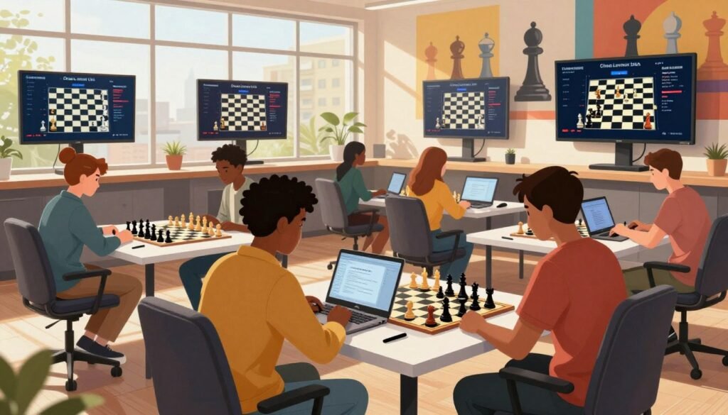 A vibrant and dynamic scene depicting modern American chess in action. In the foreground, a diverse group of young players, male and female, of various ethnicities, are intently engaged in an online chess tournament. They wear smart casual attire, seated in ergonomic chairs, with laptops open and chess boards set up on sleek, minimalist tables. The middle ground features a bright, contemporary room filled with large screens displaying live chess games and chat feeds, illuminated by warm, natural light streaming through expansive windows. The background showcases an artful mural of iconic chess pieces, symbolizing strategy and ambition. The atmosphere is focused yet energetic, embodying the spirit of innovation in chess culture. Branding for "Chess Lovers USA" subtly integrated into the environment adds a professional touch.
