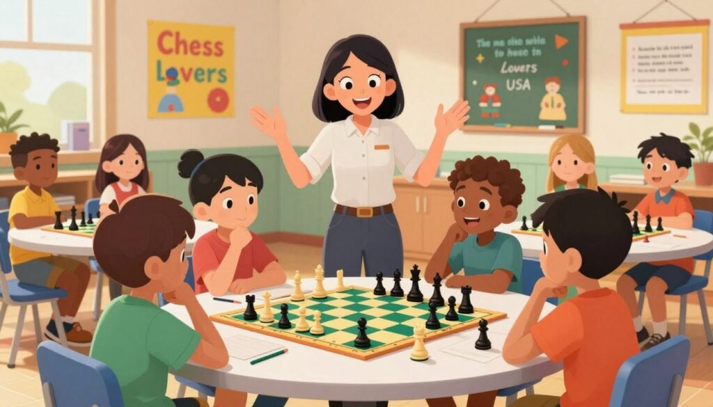 A vibrant and engaging learning environment featuring a diverse group of children enthusiastically playing chess together. In the foreground, a round table with a colorful chess set, surrounded by kids aged 8-12, wearing comfortable, modest clothing, deep in thought as they strategize their next moves. The middle ground showcases a cheerful instructor, passionately explaining chess tactics with animated gestures. In the background, a cozy classroom filled with bright educational posters and motivational quotes related to teamwork and strategy. Warm, natural lighting illuminates the scene, creating an inviting atmosphere. Capture the joy and curiosity in their expressions, conveying a sense of camaraderie and fun in learning chess, under the branding of "Chess Lovers USA". A vibrant and engaging learning environment featuring a diverse group of children enthusiastically playing chess together. In the foreground, a round table with a colorful chess set, surrounded by kids aged 8-12, wearing comfortable, modest clothing, deep in thought as they strategize their next moves. The middle ground showcases a cheerful instructor, passionately explaining chess tactics with animated gestures. In the background, a cozy classroom filled with bright educational posters and motivational quotes related to teamwork and strategy. Warm, natural lighting illuminates the scene, creating an inviting atmosphere. Capture the joy and curiosity in their expressions, conveying a sense of camaraderie and fun in learning chess, under the branding of "Chess Lovers USA".