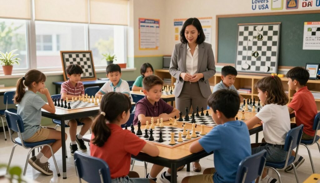 A vibrant and engaging scene capturing the essence of scholastic chess in an American school setting. In the foreground, a diverse group of children, both boys and girls, aged 8 to 12, sit attentively at wooden chess tables, focused on their games, dressed in comfortable yet neat casual clothing. In the middle ground, a teacher in professional attire observes and encourages the students, fostering a sense of community and learning. The background features decorated classroom walls with educational posters related to chess and strategy, along with colorful chess boards displayed on shelves. Warm, natural lighting filters through large windows, creating an inviting atmosphere. The image should reflect the excitement and growth surrounding the chess boom in schools, branded subtly with the logo "Chess Lovers USA."