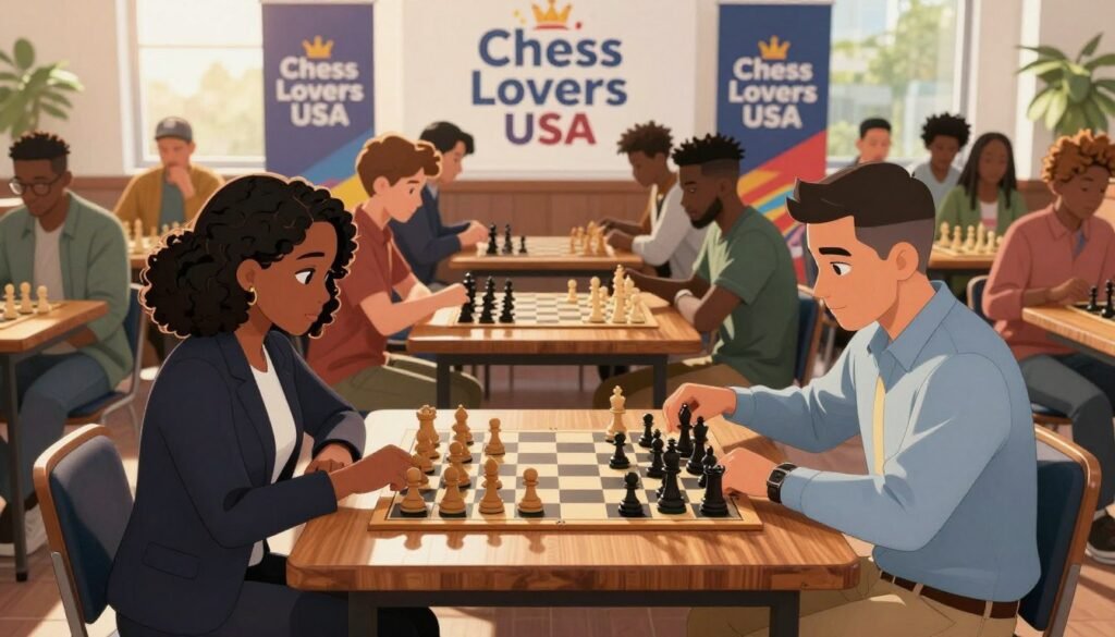 A vibrant and engaging scene depicting a diverse chess tournament, showcasing players from various backgrounds seated at beautifully crafted wooden chess tables. In the foreground, two focused competitors—a Black woman in professional attire and a Hispanic man in smart casual wear—intensely analyze their boards, deep in strategy. The middle ground features additional players representing different cultures, creating an atmosphere of inclusivity. The background shows banners with the logo "Chess Lovers USA" in bright, welcoming colors, with an audience observing in admiration. Soft, warm lighting spills over the scene, creating an inviting atmosphere with natural sunlight streaming through large windows, highlighting the joy and camaraderie of the chess community. The overall mood is one of excitement, unity, and progress in the chess world.