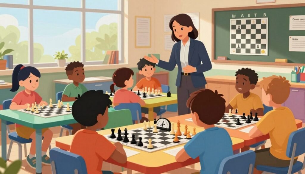 A vibrant and engaging scene depicting a personalized learning chess program in a school setting. In the foreground, a diverse group of children, ages 8-12, are sitting at colorful tables focused on different chess boards with varying complexities, showcasing their unique skill levels. Some boards display beginner-level positions with simple pieces, while others show advanced strategies with time management clocks. In the middle ground, a dedicated instructor in professional attire is guiding a small group, providing tips and encouragement. The background features a bright, sunny classroom with educational posters about chess strategies on the walls and large windows letting in natural light. The overall mood is positive, fostering a sense of growth and teamwork. Include a subtle logo of "Chess Lovers USA" in the corner, ensuring it blends seamlessly with the scene.