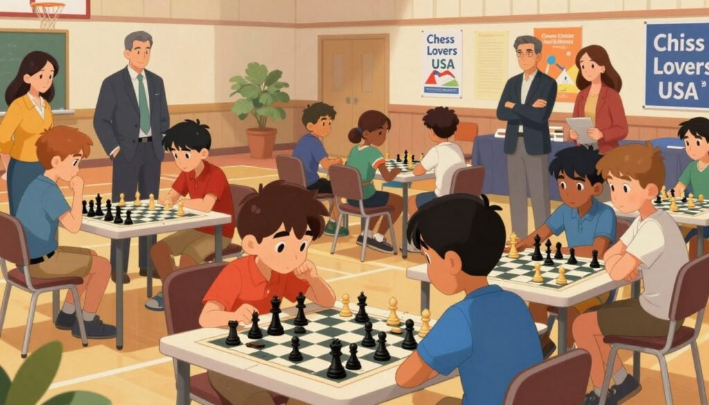 A vibrant and engaging scene depicting a scholastic chess tournament in a well-lit gymnasium. In the foreground, a diverse group of young players, wearing professional casual clothing, are deeply focused on their games at neatly arranged chess boards, showcasing concentration and excitement. In the middle ground, enthusiastic parents and coaches observe the matches, with expressions of pride and support. The background features colorful banners and posters promoting “Chess Lovers USA,” adding a sense of community. Soft, warm lighting enhances the atmosphere, creating an inviting and energetic mood. The angle captures the action from a slightly elevated perspective, providing a dynamic view of the tournament setting, emphasizing the importance of participation in chess events for young players.