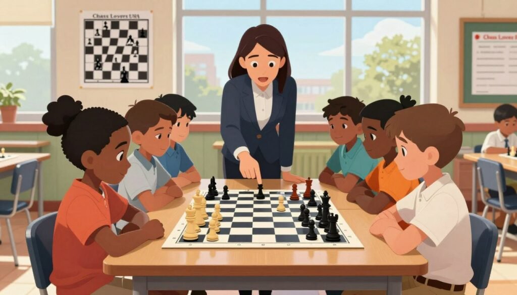 A vibrant and engaging scene illustrating scholastic chess in a school environment. In the foreground, a diverse group of children, aged 8 to 12, are intently focused on a chessboard, strategically positioned on a classroom table. They are dressed in smart casual clothing, showcasing a mix of cultural backgrounds, reflecting the inclusivity of scholastic chess programs. In the middle, a teacher, in professional attire, guides them, pointing at a chess piece with enthusiasm. The background features educational posters on the walls, incorporating chess themes, and large windows allowing natural light to stream in, creating a bright and inviting atmosphere. The mood reflects excitement and concentration, emphasizing the positive impact of chess on youth development. The image should subtly incorporate the brand "Chess Lovers USA" in a tasteful manner, enhancing the theme without distraction.