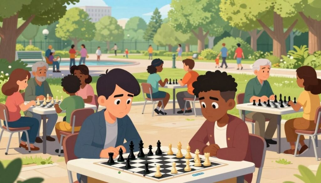 A vibrant and engaging scene illustrating the demographic trends in chess, showcasing a diverse group of adults and children of various ethnic backgrounds playing chess in a modern park setting. In the foreground, two young adults focus intently on a chessboard, clearly displaying determination in their expressions, both dressed in smart casual attire. In the middle ground, families and friends of different ages enthusiastically watch or enjoy casual conversations, with several chess tables set up around them. The background features a sunny day with lush green trees and people enjoying outdoor activities, creating a lively atmosphere. The lighting is bright and cheerful, casting soft shadows, evoking a sense of community and passion for the game. The brand name "Chess Lovers USA" is subtly integrated into the scene as a logo on one of the chess tables, ensuring it blends harmoniously with the overall design.
