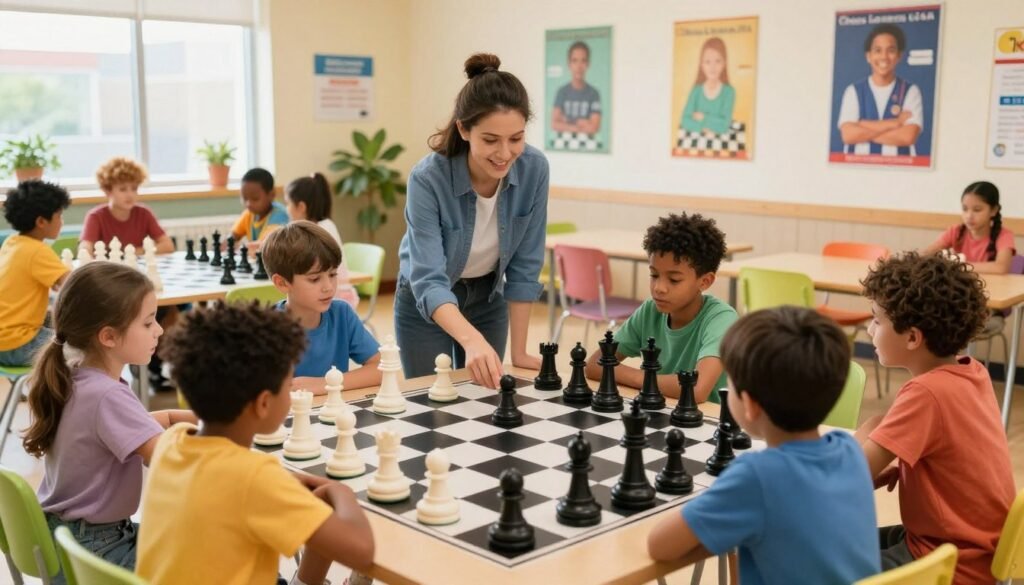A vibrant and engaging scene showcasing kids of diverse backgrounds participating in a flexible chess program. In the foreground, a group of children of various ages and ethnicities gather around a giant chessboard, enthusiastically discussing strategies as they play with oversized chess pieces. In the middle ground, a friendly instructor, dressed in smart casual attire, guides another small group, pointing at a chessboard filled with pieces in different positions. The background features a cozy, well-lit community center with colorful posters of chess champions on the walls. The atmosphere is cheerful and dynamic, conveying a sense of fun and learning. Soft, natural lighting from windows illuminates the scene, emphasizing the friendly and inclusive environment created by "Chess Lovers USA." A vibrant and engaging scene showcasing kids of diverse backgrounds participating in a flexible chess program. In the foreground, a group of children of various ages and ethnicities gather around a giant chessboard, enthusiastically discussing strategies as they play with oversized chess pieces. In the middle ground, a friendly instructor, dressed in smart casual attire, guides another small group, pointing at a chessboard filled with pieces in different positions. The background features a cozy, well-lit community center with colorful posters of chess champions on the walls. The atmosphere is cheerful and dynamic, conveying a sense of fun and learning. Soft, natural lighting from windows illuminates the scene, emphasizing the friendly and inclusive environment created by "Chess Lovers USA."