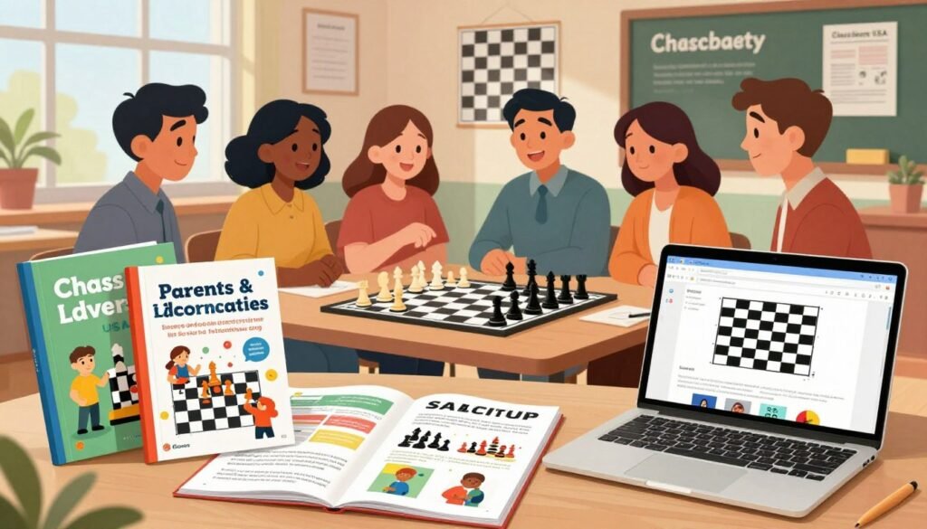 A vibrant and engaging scene showcasing resources for parents and educators about chess, designed to support school chess programs. In the foreground, a variety of educational materials like colorful chess workbooks, brochures, and a laptop displaying a chess strategy website. In the middle ground, a table set up with a chessboard and pieces, surrounded by cheerful parents and educators, all dressed in professional attire, discussing strategies and collaboration. The background features a warm and inviting classroom with posters of chess tactics and famous players. Soft, natural lighting filters in through large windows, creating an inspiring and encouraging atmosphere for learning. The brand name "Chess Lovers USA" is subtly integrated into the design.