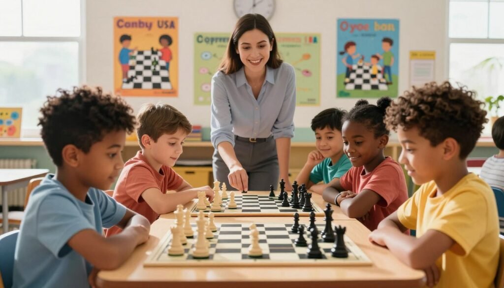 A vibrant and engaging scene showcasing the educational and social benefits of chess in a school setting. In the foreground, a group of diverse children, aged around 8-12, eagerly play chess at a table, wearing modest casual clothing. Their expressions reflect concentration and joy. In the middle ground, a teacher observes, providing guidance with a warm smile, fostering a supportive atmosphere. In the background, colorful educational posters about chess strategy and teamwork adorn the classroom walls, emphasizing the learning environment. The lighting is bright and inviting, simulating natural sunlight coming through large windows, creating a cheerful ambiance. Capture this moment through a slight low-angle perspective to emphasize the children's engagement. Include a subtle logo of "Chess Lovers USA" to promote the chess initiative, ensuring it's unobtrusive yet recognizable.