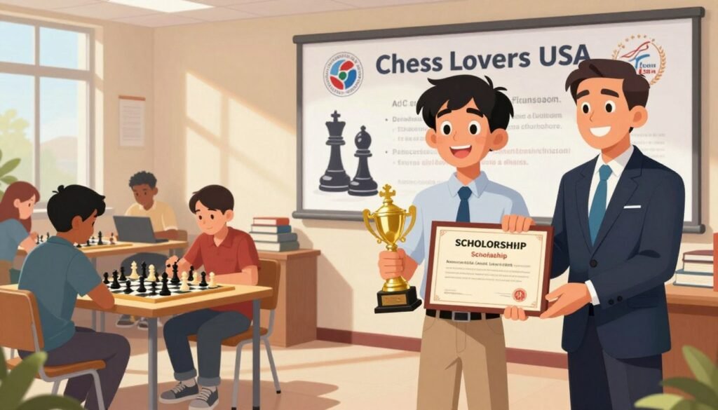 A vibrant and inspiring scene depicting a young American chess player receiving a scholarship award. In the foreground, a focused male player in professional attire, holding a trophy, smiles proudly while standing beside an official from "Chess Lovers USA" dressed in business attire. The middle ground features a large banner with chess pieces and scholarship graphics, symbolizing education and opportunity. In the background, a diverse group of students engages in chess matches at a university setting, surrounded by books and laptops, illustrating the academic connection. The lighting is bright and uplifting, casting soft shadows, and the camera angle is slightly low, creating an empowering and motivational atmosphere.