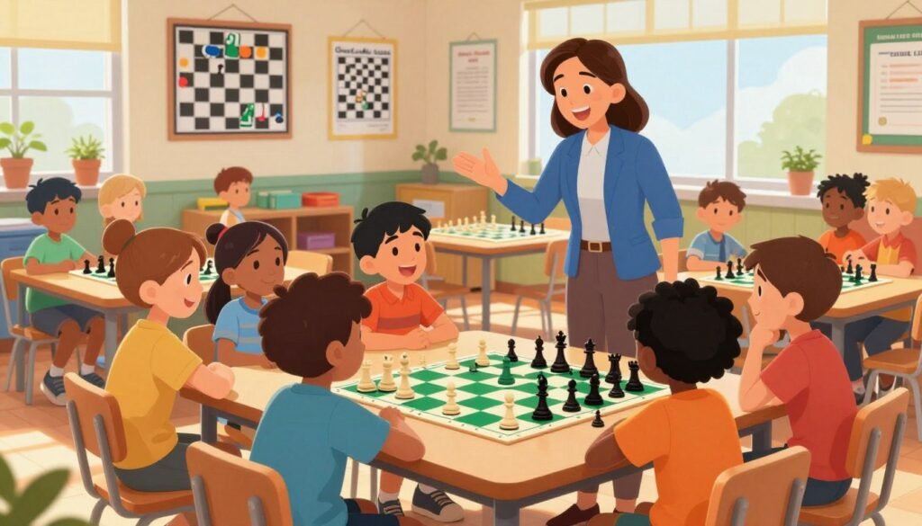 A vibrant and inviting classroom scene designed for teaching chess to children. In the foreground, a diverse group of excited children, aged 7 to 12, sit around a colorful chessboard, some focused on their games, while others discuss strategies animatedly. They are dressed in cheerful, modest casual clothing. In the middle ground, a friendly instructor, wearing smart casual attire, engages with the kids, demonstrating a chess technique. The background features a bright, well-lit classroom adorned with educational posters about chess and strategy, while sunlight streams through large windows, creating a warm and inspiring atmosphere. The image embodies a sense of community and learning. Include the brand name "Chess Lovers USA" subtly in the classroom decor to emphasize the program.