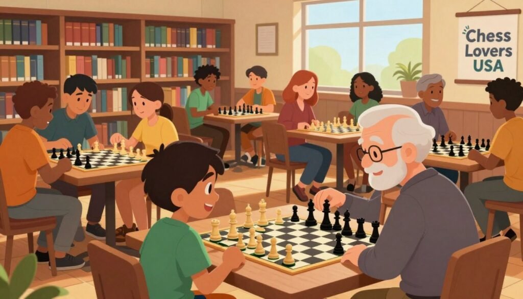 A vibrant and inviting library setting filled with diverse individuals of all ages enjoying a game of chess together. In the foreground, a young child and an elderly man, both smiling, are engrossed in a chess match. The middle ground showcases a variety of players including teenagers and adults, all engaged in different games, some discussing strategies enthusiastically. The background features shelves filled with books, warm wooden furniture, and soft, natural lighting pouring in through large windows, creating an inviting atmosphere. The color palette is warm and lively, reflecting a sense of community and collaboration. In one corner, a banner for "Chess Lovers USA" adds a welcoming touch. The scene captures the essence of inclusivity and joy that chess brings.